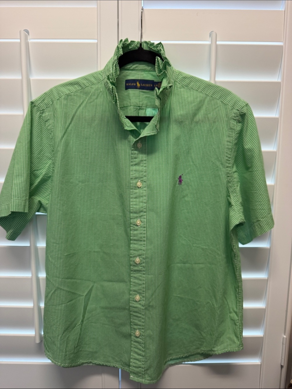 Upcycled Men’s Ralph Lauren Green Gingham Ruffle Collar Short-Sleeve Button-Down